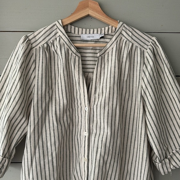 Greylin Striped Linen Blend Button-Front Dress – Size L - Picture 2 of 7